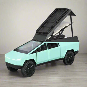 Mint green die-cast Tesla Cybertruck model toy with a functional, opening bed cover, perfect for collectors and imaginative play for kids from Usmile Toys.www.usmile.toys.