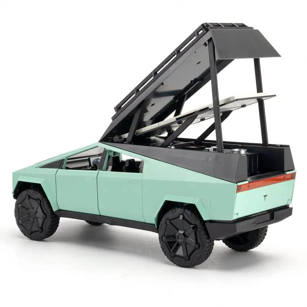 Collectible die-cast Tesla Pickup Classic toy truck in a modern matte green finish, showcasing its futuristic design and an articulating rear bed, available at Usmile Toys. www.usmile..toys