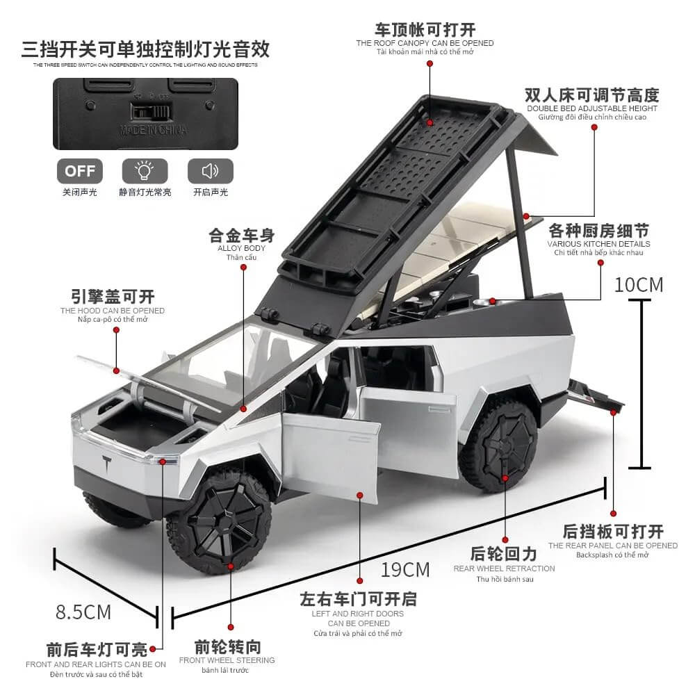 High-quality miniature replica of a Tesla Cybertruck in a unique light green color, featuring realistic design and a bed that lifts, ideal for display or children's vehicle play from Usmile Toys.www.usmile.toys