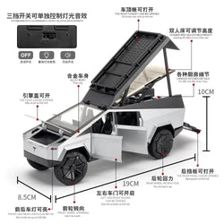 High-quality miniature replica of a Tesla Cybertruck in a unique light green color, featuring realistic design and a bed that lifts, ideal for display or children's vehicle play from Usmile Toys.www.usmile.toys