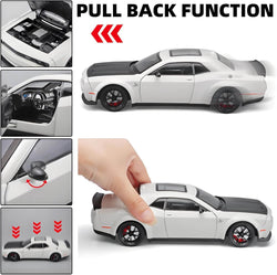 Detailed collectible die-cast sports car in white with a matte black hood, showcasing its sleek design and providing exciting pull-back action, available at Usmile Toys. www.usmile.toys