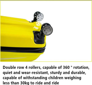 Fun yellow car-shaped kids ride-on travel bag, making airport journeys exciting for children and parents. www.usmile.toys