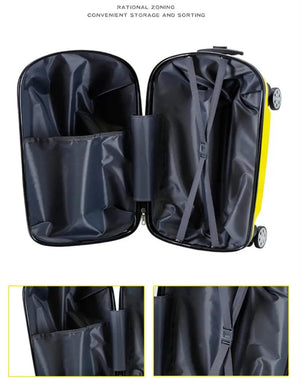 Fun yellow car-shaped kids ride-on travel bag, making airport journeys exciting for children and parents. www.usmile.toys