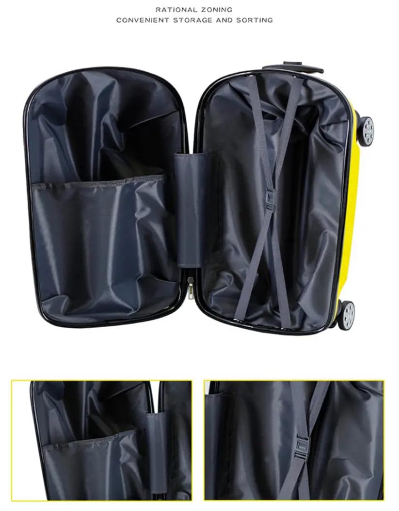 Fun yellow car-shaped kids ride-on travel bag, making airport journeys exciting for children and parents. www.usmile.toys