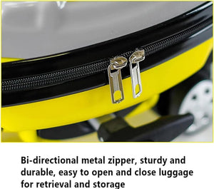 Fun yellow car-shaped kids ride-on travel bag, making airport journeys exciting for children and parents. www.usmile.toys