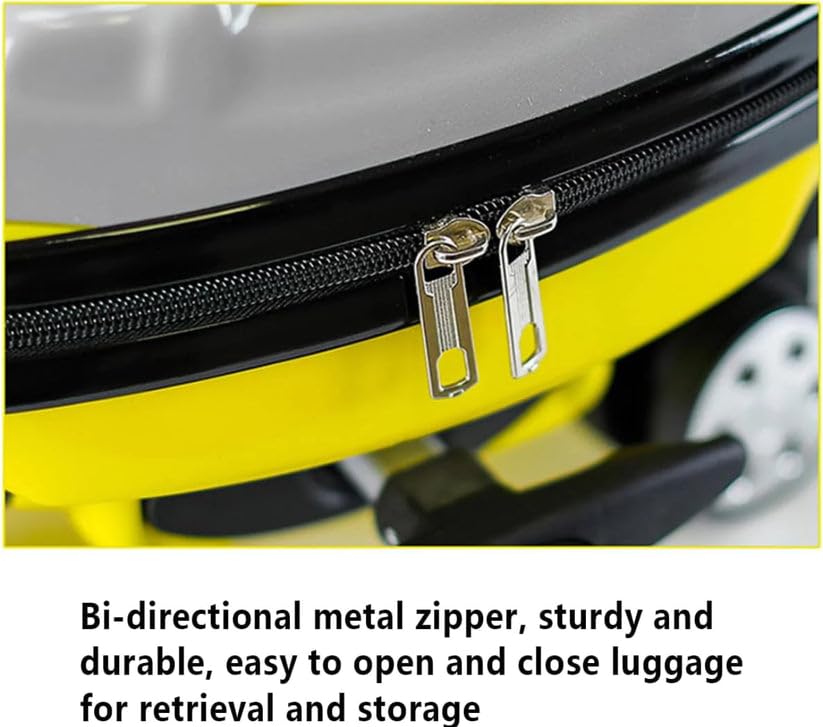 Fun yellow car-shaped kids ride-on travel bag, making airport journeys exciting for children and parents. www.usmile.toys