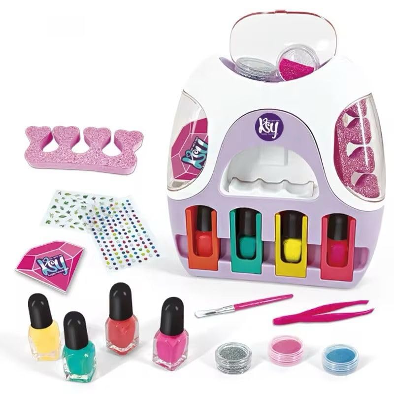 Front view of the Usmile Toys Kids Nail Art Set packaging, highlighting 'City Fashion' and instructions for applying, drying, and taking off nail polish." www.usmile.toys