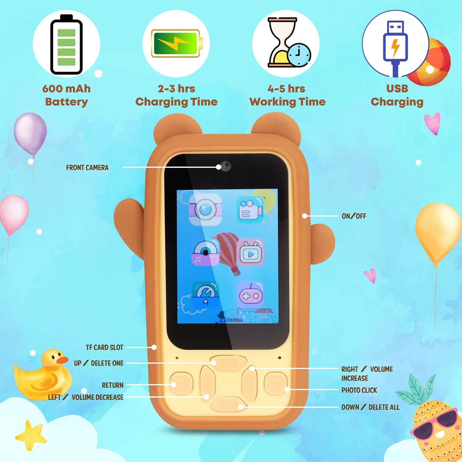  Children's pretend smartphone camera in a brown bear design, equipped with dual cameras and a colorful display for imaginative play. www.usmile.toys