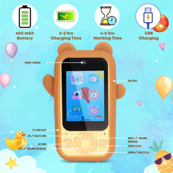  Children's pretend smartphone camera in a brown bear design, equipped with dual cameras and a colorful display for imaginative play. www.usmile.toys