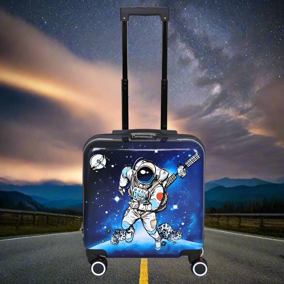 Kids space-themed 3D trolley suitcase with astronaut playing guitar www.usmile.toys