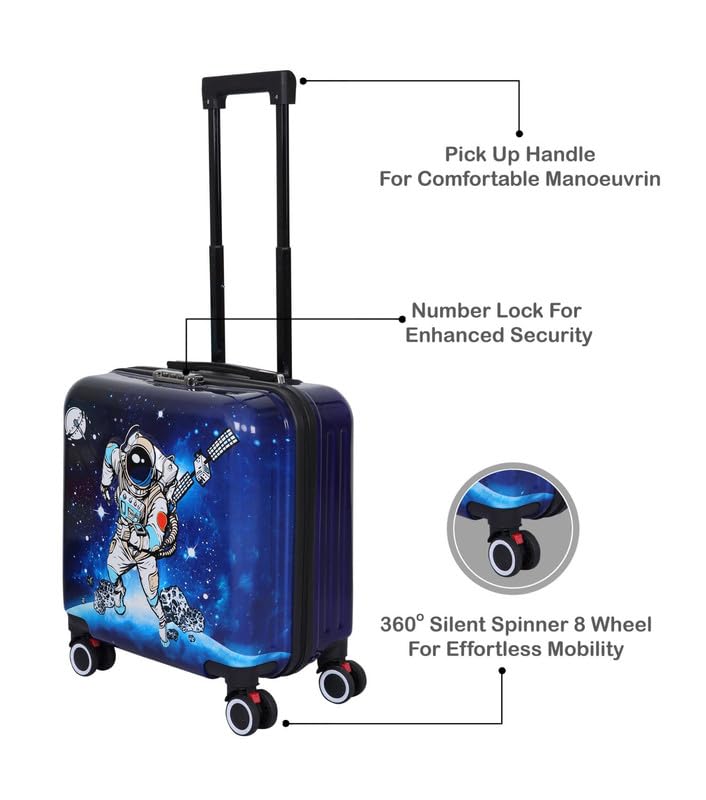 Premium blue kids luggage with 3D astronaut space design, durable trolley bag with wheels and extendable handle for travel. www.usmile.toys