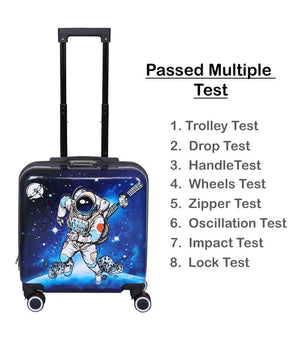 Premium blue kids luggage with 3D astronaut space design, durable trolley bag with wheels and extendable handle for travel. www.usmile.toys