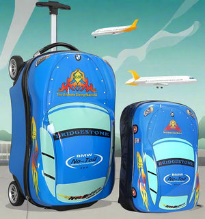 Blue 18-inch kids car-shaped luggage with wheels for boys www.usmile.toys