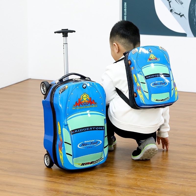 Durable blue 18-inch boys' travel luggage with car design and extendable handle, ideal for young travelers.