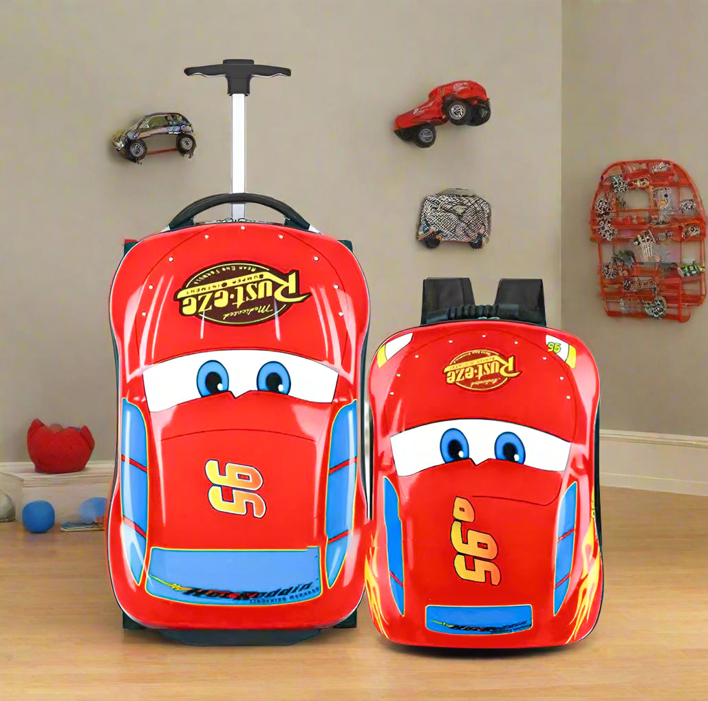 Red kids car-themed luggage and backpack set for boys, 18-inch trolley bag www.usmile.toys