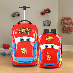 Red kids car-themed luggage and backpack set for boys, 18-inch trolley bag www.usmile.toys