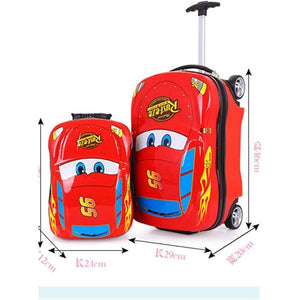 Durable red boys' travel luggage set featuring a car design, including an 18-inch wheeled suitcase and matching backpack. www.usmile.toys