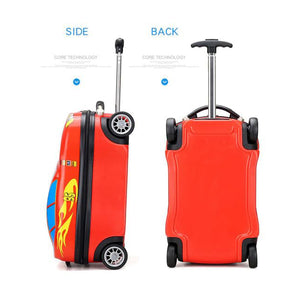 Durable red boys' travel luggage set featuring a car design, including an 18-inch wheeled suitcase and matching backpack. www.usmile.toys