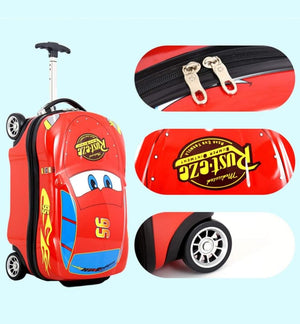 Durable red boys' travel luggage set featuring a car design, including an 18-inch wheeled suitcase and matching backpack. www.usmile.toys