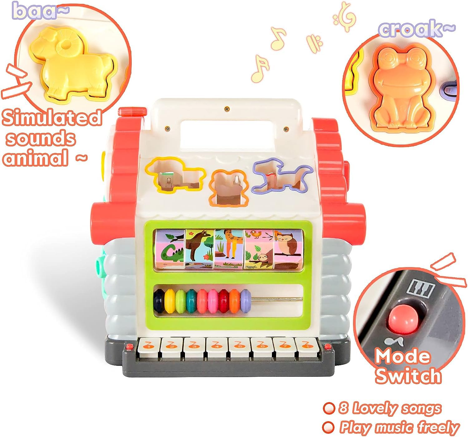 Interactive toddler learning house with light-up buttons, melodies, animal figures, and shape-sorting activities, promoting fine motor skills and cognitive growth from Usmile Toys." www.usmile.toys