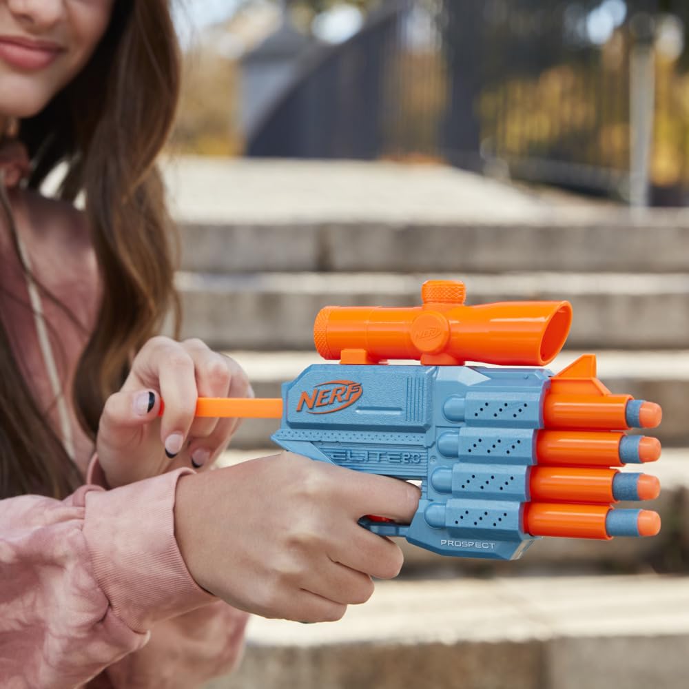 Kids' Nerf blaster toy for active play, the Elite 2.0 Prospect QS-4, complete with darts for target practice. www.usmile.toys