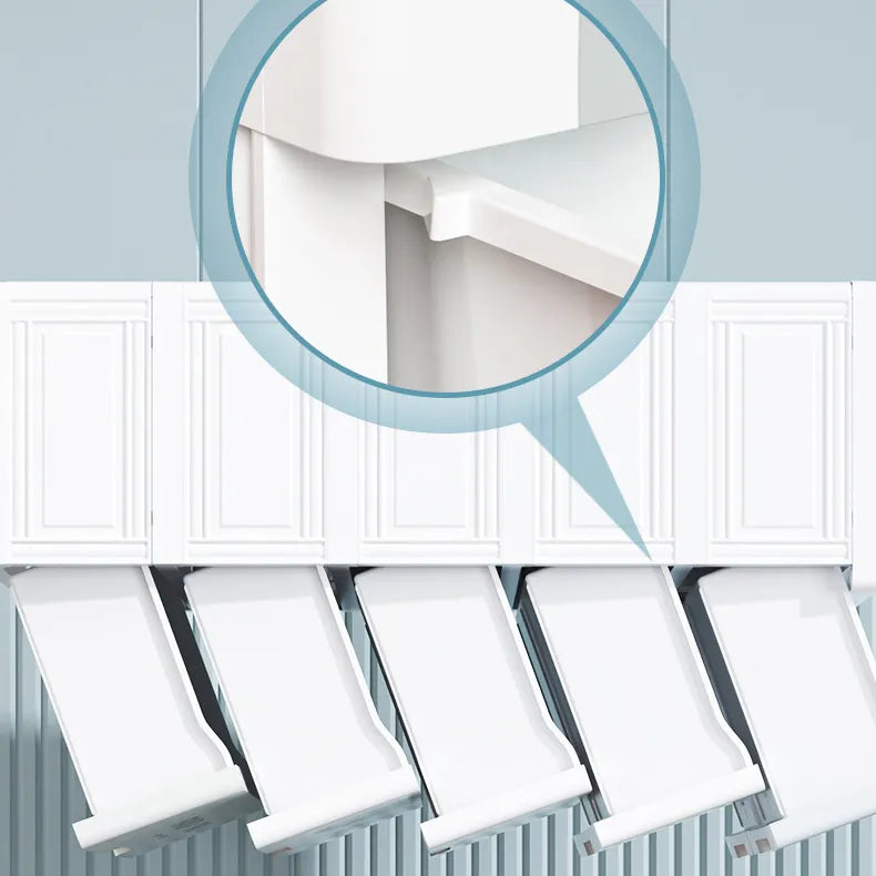 White plastic kids' wardrobe with charming panda designs, offering multi-drawer storage for children's bedrooms or playrooms. A functional and cute almari for little ones. www.usmile.toys