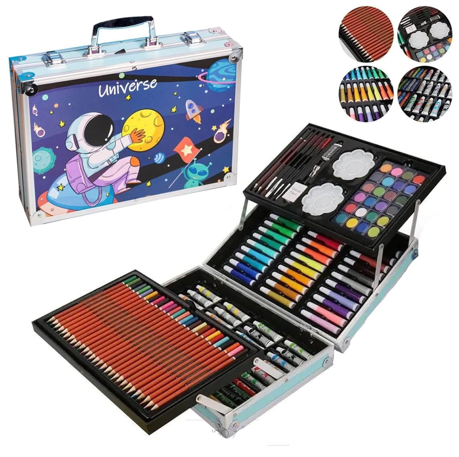 Comprehensive kids' art set in a durable carrying case with a cosmic design, offering a wide range of 145 colors for various painting and craft projects, fostering creativity in children, available at Usmile Toys.www.usmile.toys