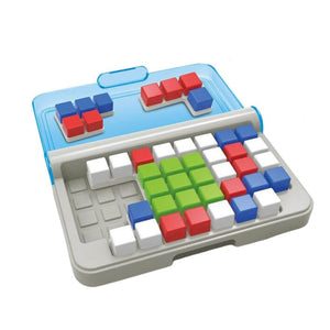 U Smile Smart IQ Games Puzzler Pro, a 1-player logic board game with 120 challenges from easy to expert, featuring colorful puzzle pieces and a compact travel case for kids ages 3+. www.usmile.toys