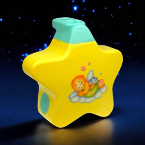 Yellow star-shaped sleeping star projector for newborn babies, features baby on moon decal. www.usmile.toys