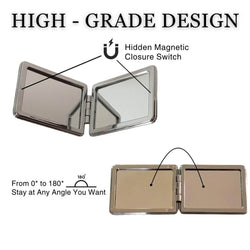 Compact mirror with hidden magnetic closure switch labeled on a white background