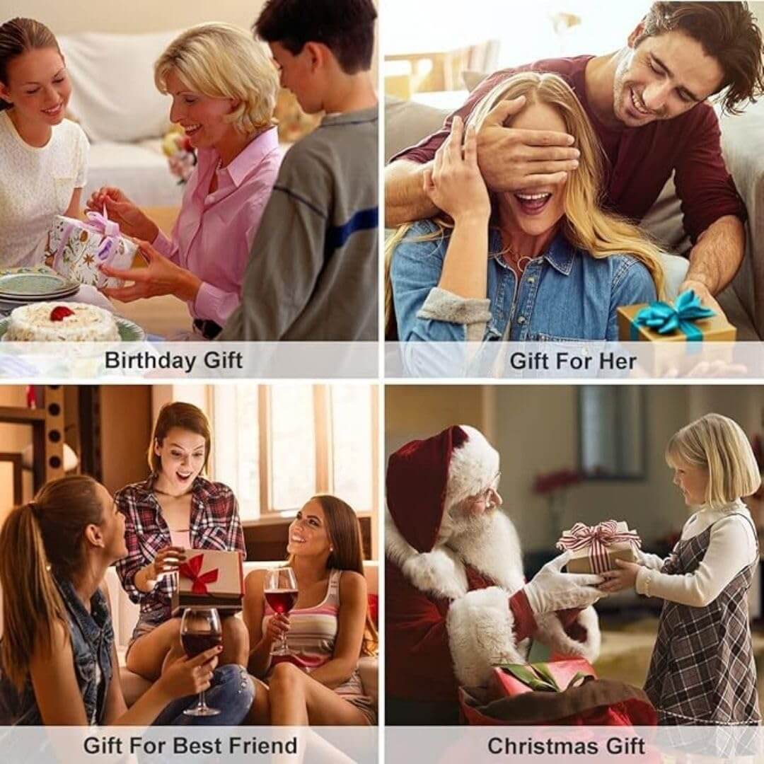 Collage of four scenes showing different types of gifts: birthday, for a woman, for a best friend, and Christmas.