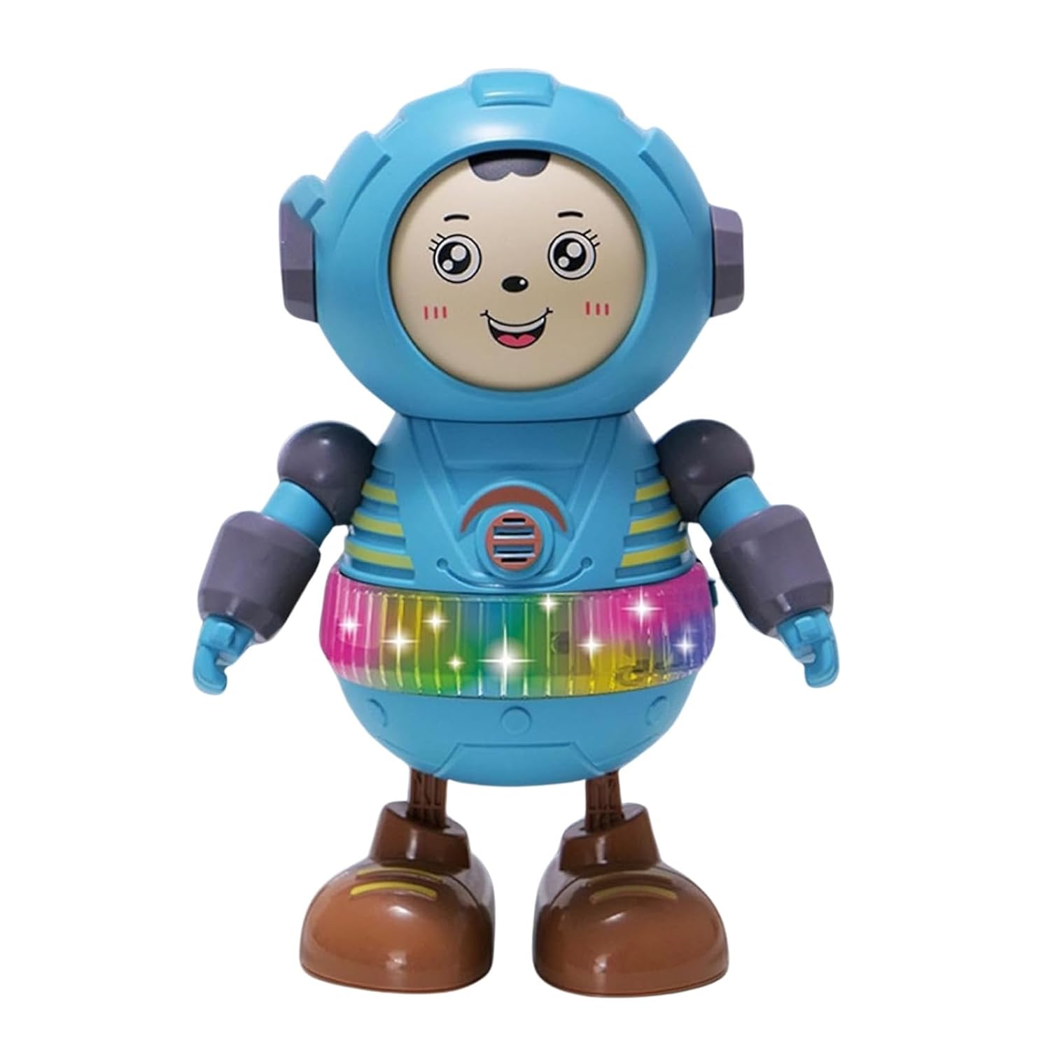 Toy robot with a colorful light-up skirt on a white background