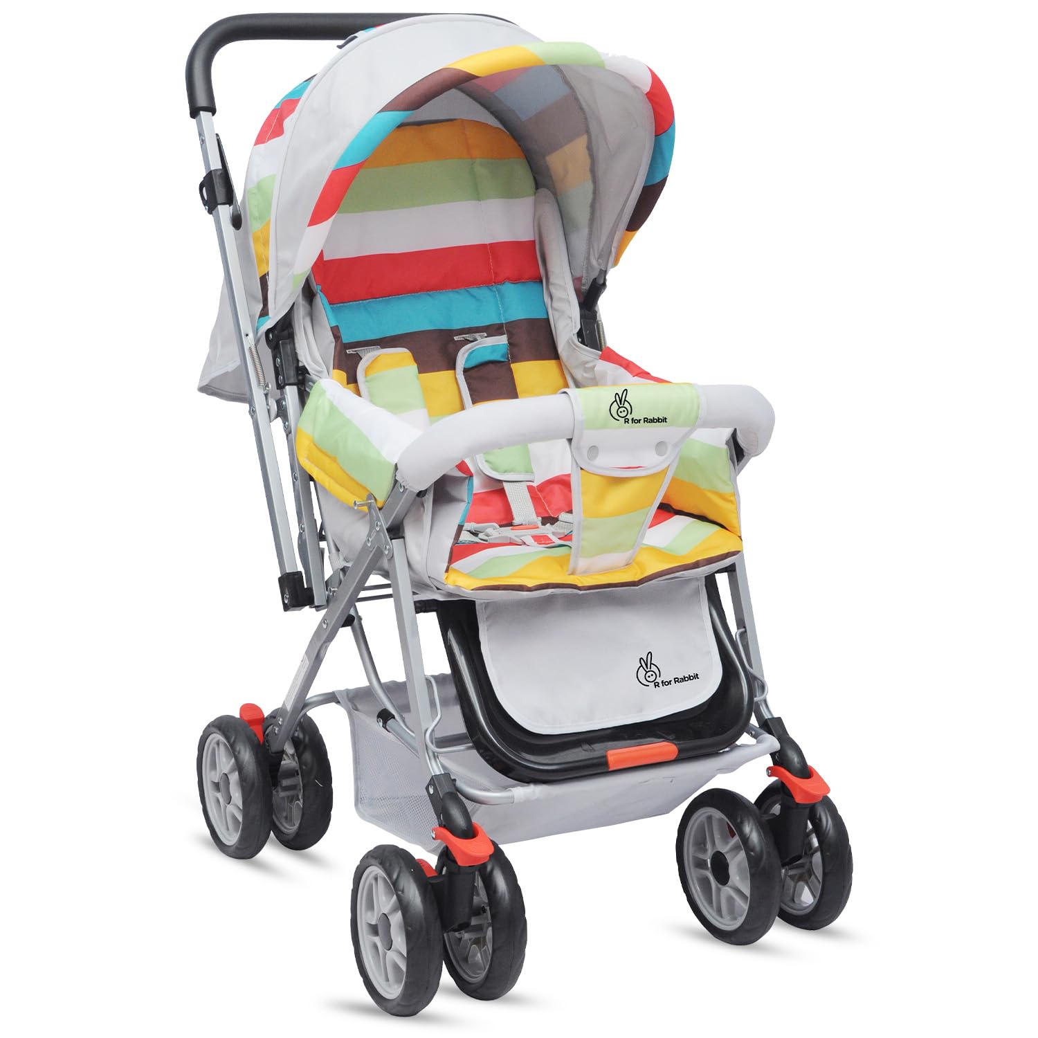 R for Rabbit Lollipop Lite Baby Stroller in a vibrant multi-color striped design, featuring a canopy, padded seat, and storage basket. A lightweight and portable pram for infants and toddlers, available on usmile.toys. www.usmile.toys