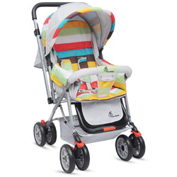 R for Rabbit Lollipop Lite Baby Stroller in a vibrant multi-color striped design, featuring a canopy, padded seat, and storage basket. A lightweight and portable pram for infants and toddlers, available on usmile.toys. www.usmile.toys