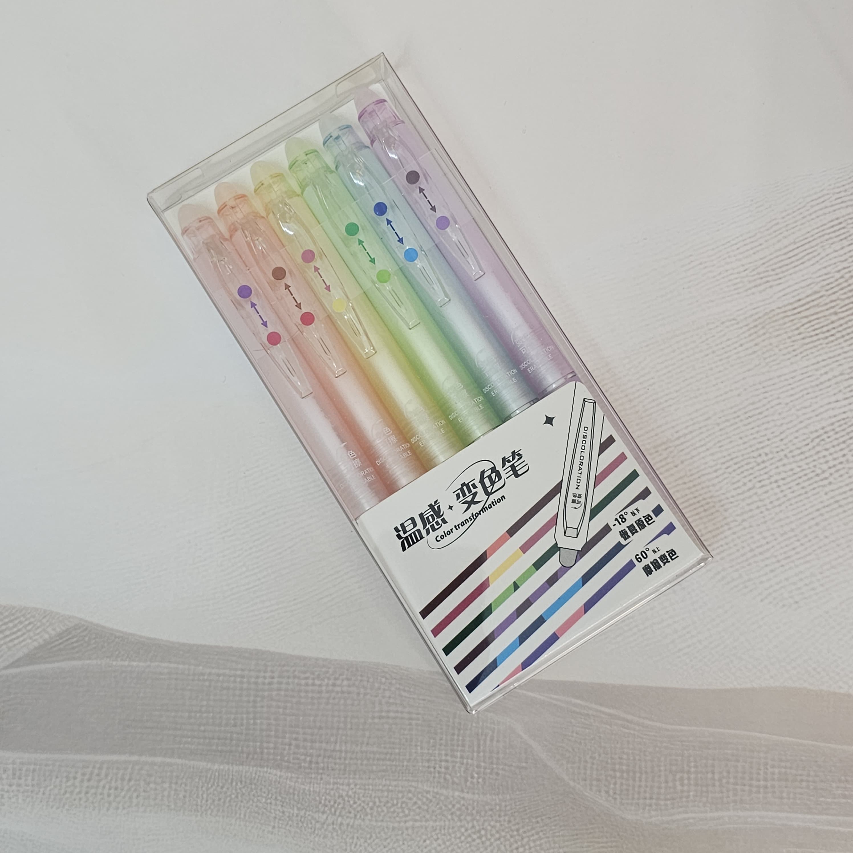 Pack of 6 pastel-colored, erasable gel pens that change color, each with a built-in magic eraser tip, in clear retail packaging. Perfect for creative writing and drawing from uSmile.toys.