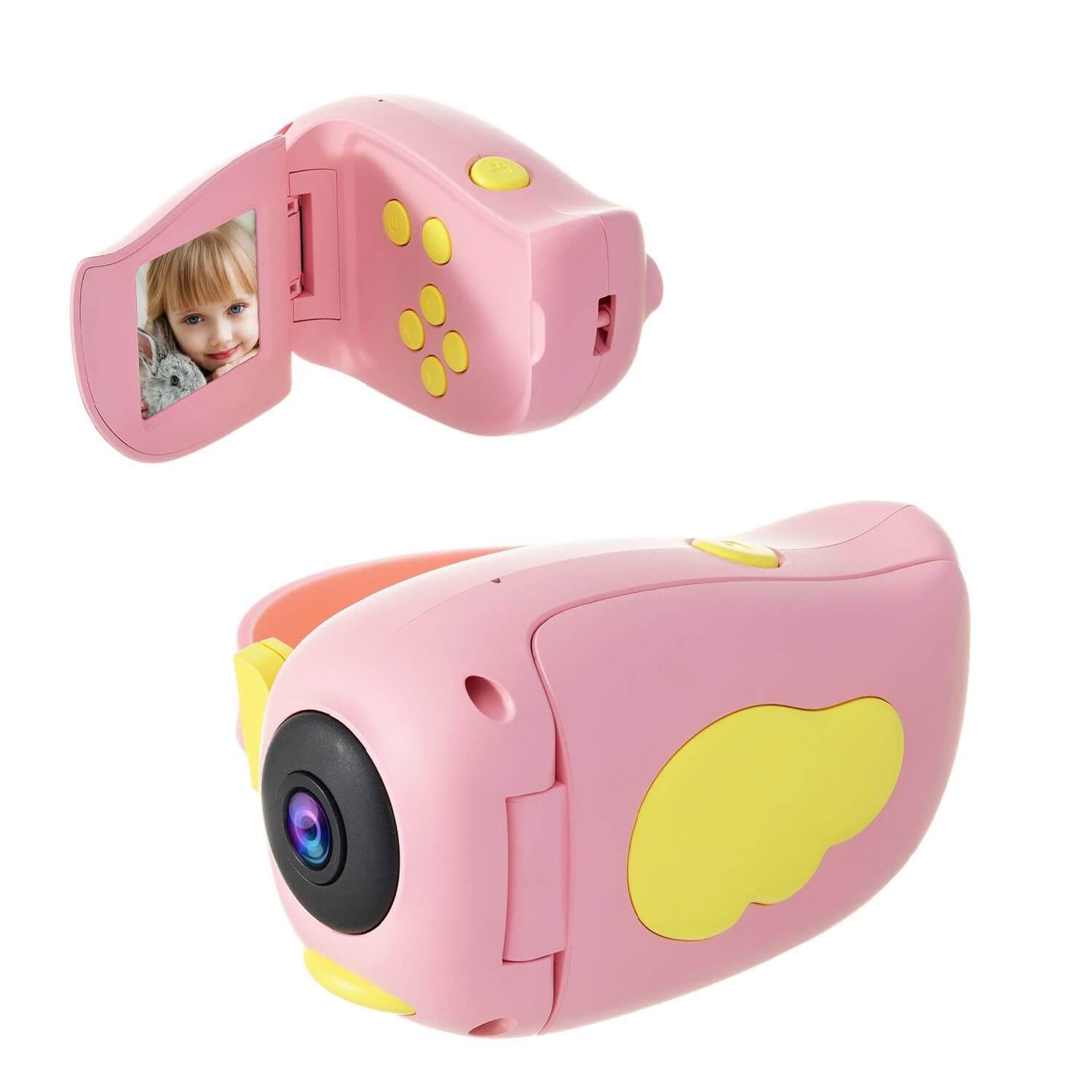 Pink Digital Kids A100 Video Camera Toy, USB rechargeable, designed for toddlers with a flip-out screen and easy-to-use buttons, ideal for capturing childhood memories. www.usmile.toys