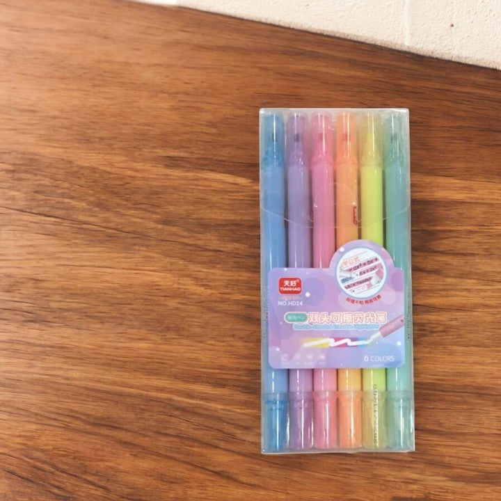 Set of 6 pastel-colored erasable highlighters with double-headed tips (fine and broad) in clear packaging, ideal for school and office. Available at uSmile.toys." www.smile.toys