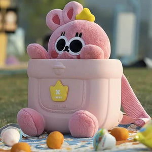 Adorable pink cartoon rabbit EVA backpack for kids, designed for outdoor picnics and travel, featuring a cute bunny face and ears sticking out, perfect for young adventurers from Usmile Toys.www.usmile.com
