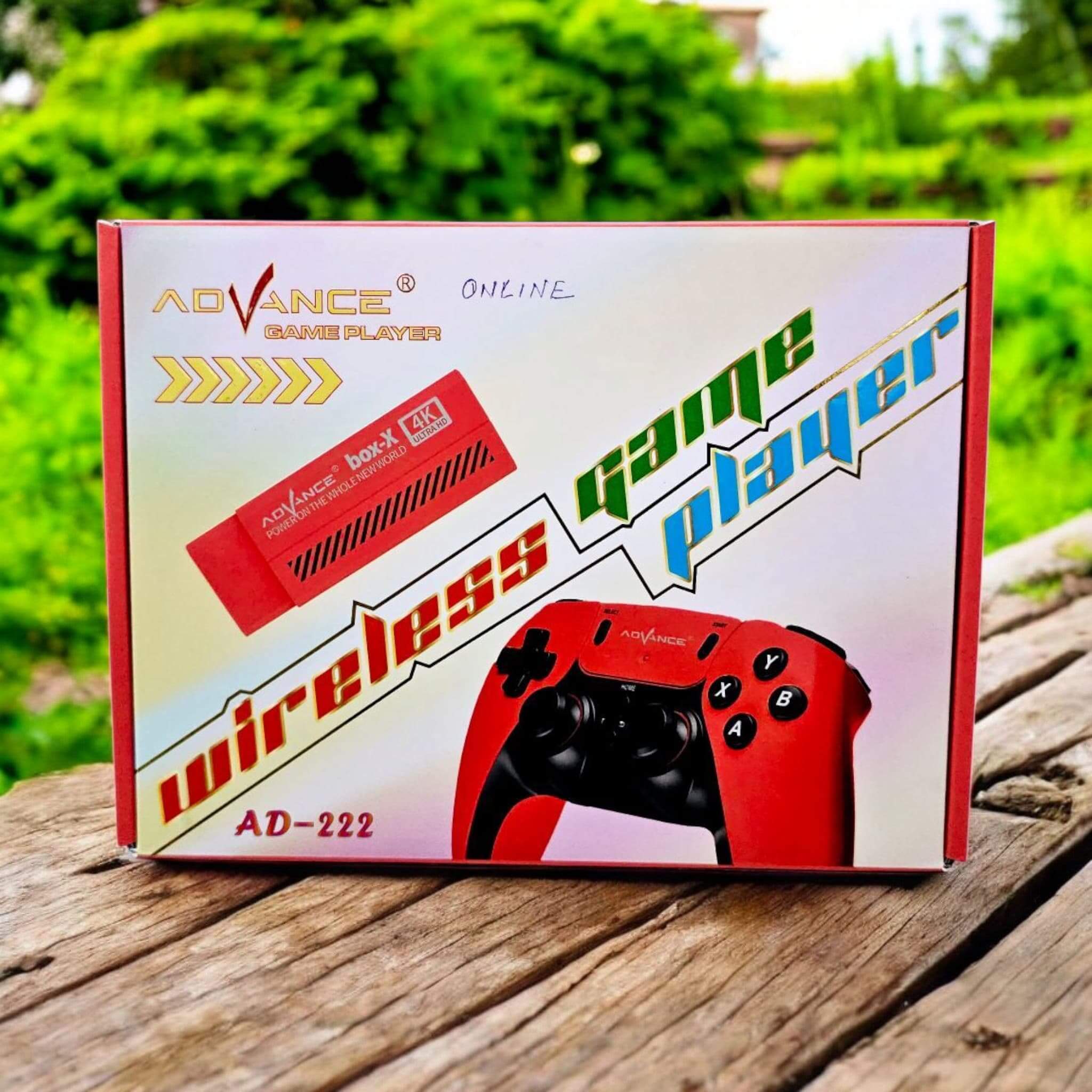 Advance AD-222 wireless game player box showing a red HDMI video game stick and a matching red 2.4G wireless controller. This retro gaming console offers an online gaming experience for adults and kids, compatible with TVs for home entertainment. www.usmile.com