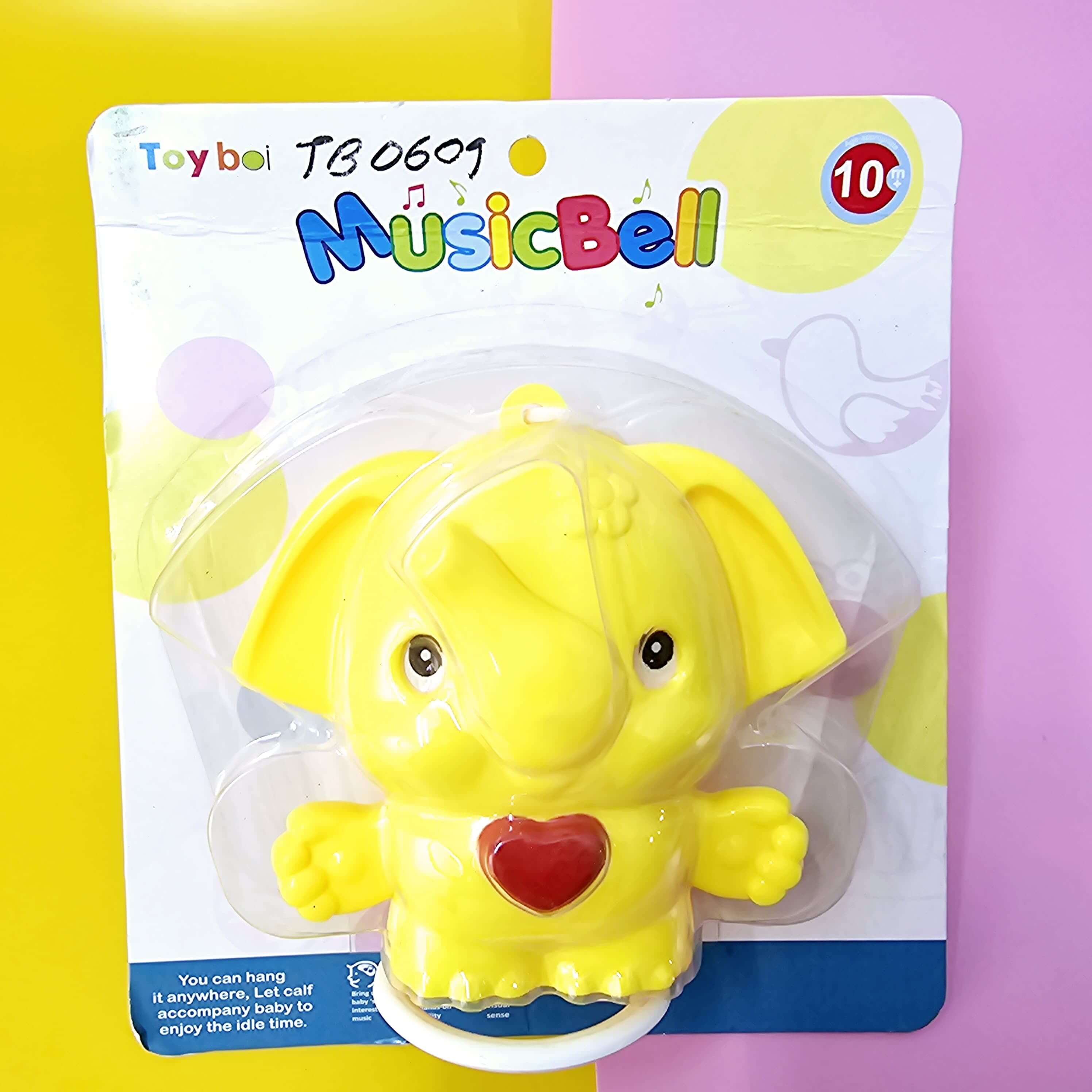 Yellow elephant-shaped musical cradle bell toy with a red heart, packaged for babies. This hanging toy produces sweet sounds, perfect for entertaining infants in cribs, strollers, or playpens, promoting auditory development. www.usmile.com