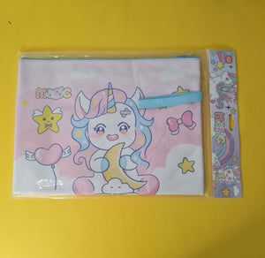 Unicorn-themed pouch with a colorful design on a yellow background