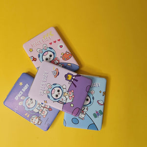 Four colorful cards with cartoon characters on a yellow background