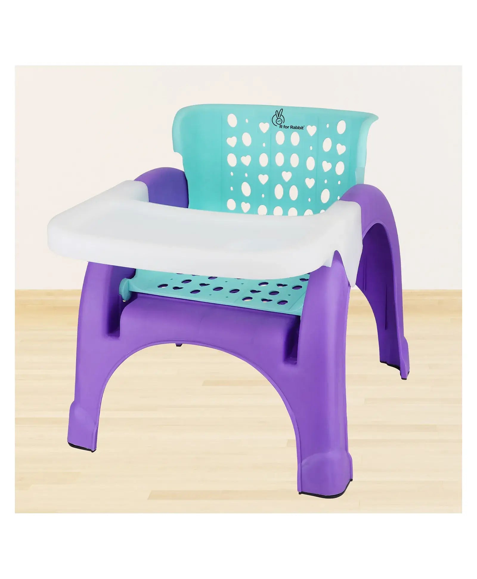 Children's chair with teal backrest and purple base on a light wooden surface.