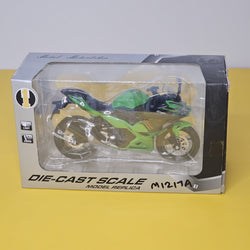 Front view of a bright green die-cast Kawasaki Ninja sports bike toy, showcasing its realistic design and working LED headlights, perfect for kids' playtime from Usmile Toys.www.usmile.toys