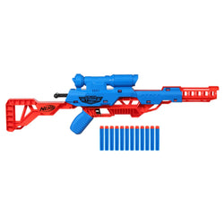 Red and blue Nerf gun with multiple blue darts on a white background