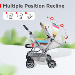 R for Rabbit Lollipop Lite Baby Stroller in a vibrant multi-color striped design, featuring a canopy, padded seat, and storage basket. A lightweight and portable pram for infants and toddlers, available on usmile.toys. www.usmile.toys