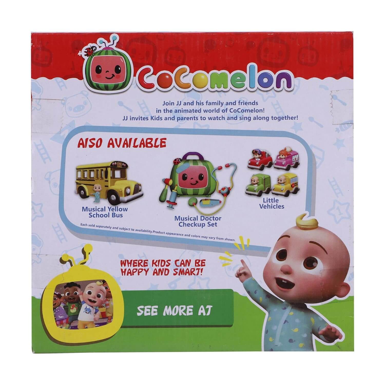 Cocomelon product packaging with cartoon character and promotional text