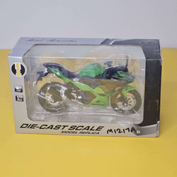 Front view of a bright green die-cast Kawasaki Ninja sports bike toy, showcasing its realistic design and working LED headlights, perfect for kids' playtime from Usmile Toys.www.usmile.toys