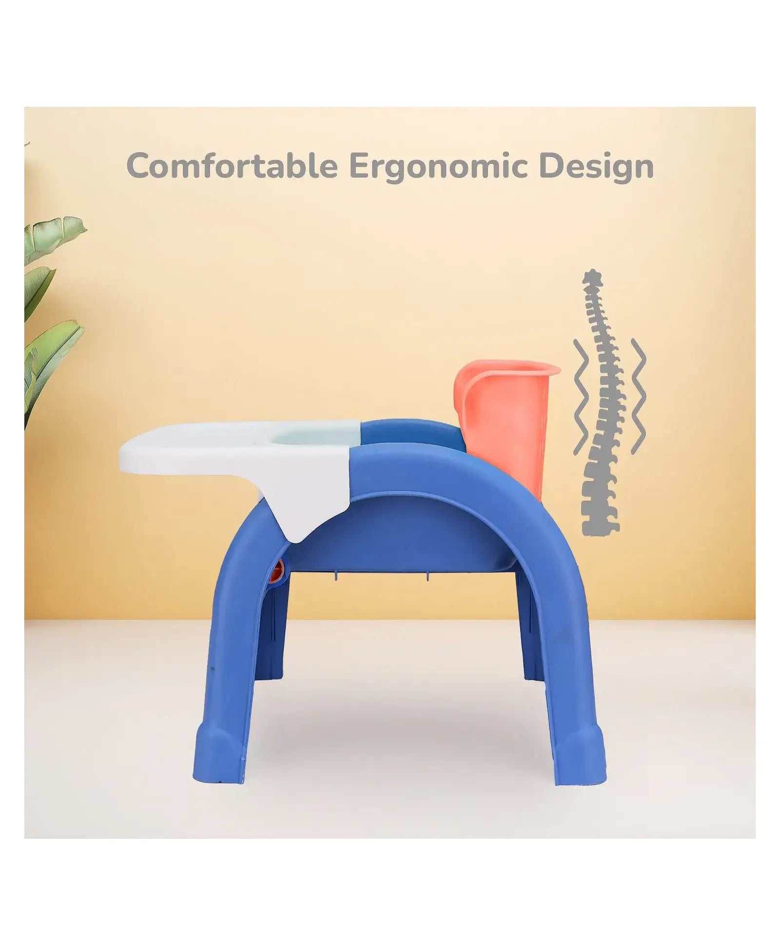 Blue chair with a white cushion on a beige background, featuring text about ergonomic design.