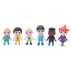 Set of six colorful toy figures on a white background